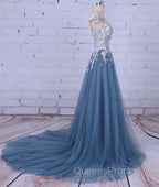 Unique Round Neck Applique Tulle Long Evening Prom Dress, Tulle Evening Dress