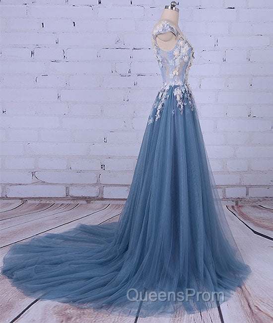 Unique Round Neck Applique Tulle Long Evening Prom Dress, Tulle Evening Dress