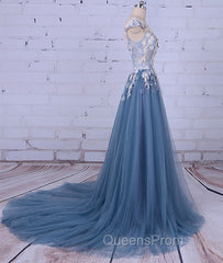 Unique Round Neck Applique Tulle Long Evening Prom Dress, Tulle Evening Dress