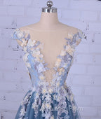 Unique Round Neck Applique Tulle Long Evening Prom Dress, Tulle Evening Dress