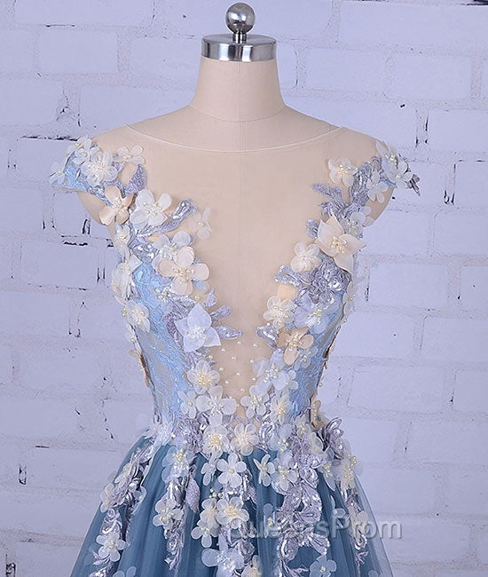 Unique Round Neck Applique Tulle Long Evening Prom Dress, Tulle Evening Dress