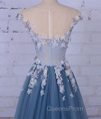 Unique Round Neck Applique Tulle Long Evening Prom Dress, Tulle Evening Dress