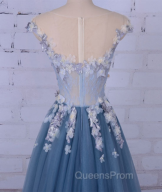 Unique Round Neck Applique Tulle Long Evening Prom Dress, Tulle Evening Dress