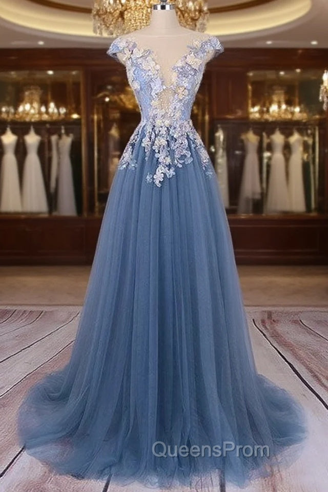 Unique Round Neck Applique Tulle Long Evening Prom Dress, Tulle Evening Dress Main image