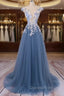 Unique Round Neck Applique Tulle Long Evening Prom Dress, Tulle Evening Dress