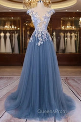 Unique Round Neck Applique Tulle Long Evening Prom Dress, Tulle Evening Dress