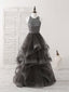 Unique Round Neck Lace Applique Tulle Long Prom Dresses