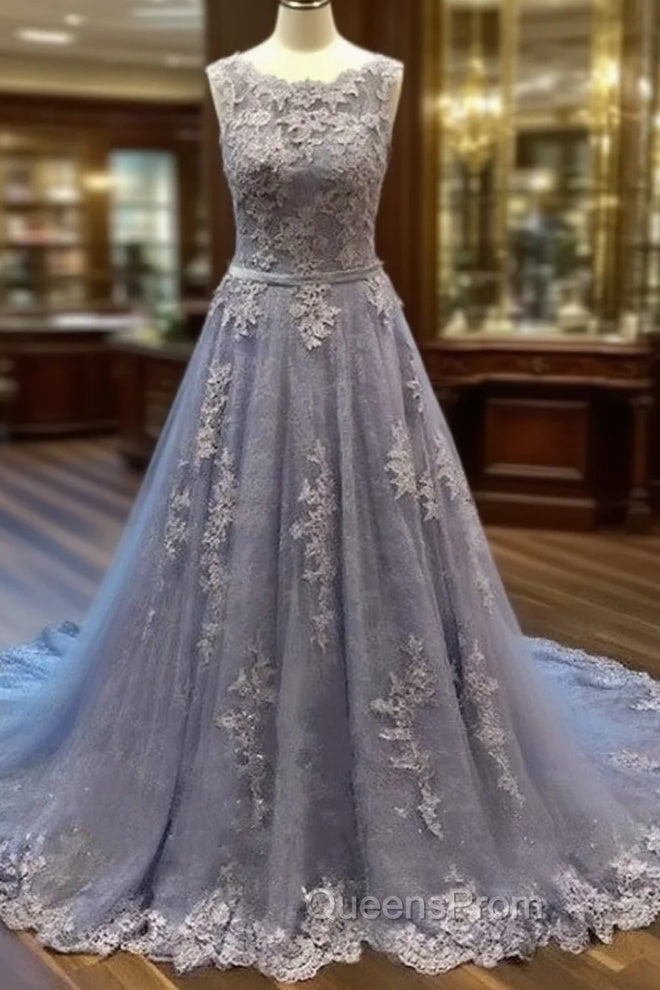 Unique Round Neck Lace Tulle Long Evening Prom Dress, Lace Evening Dress Main image