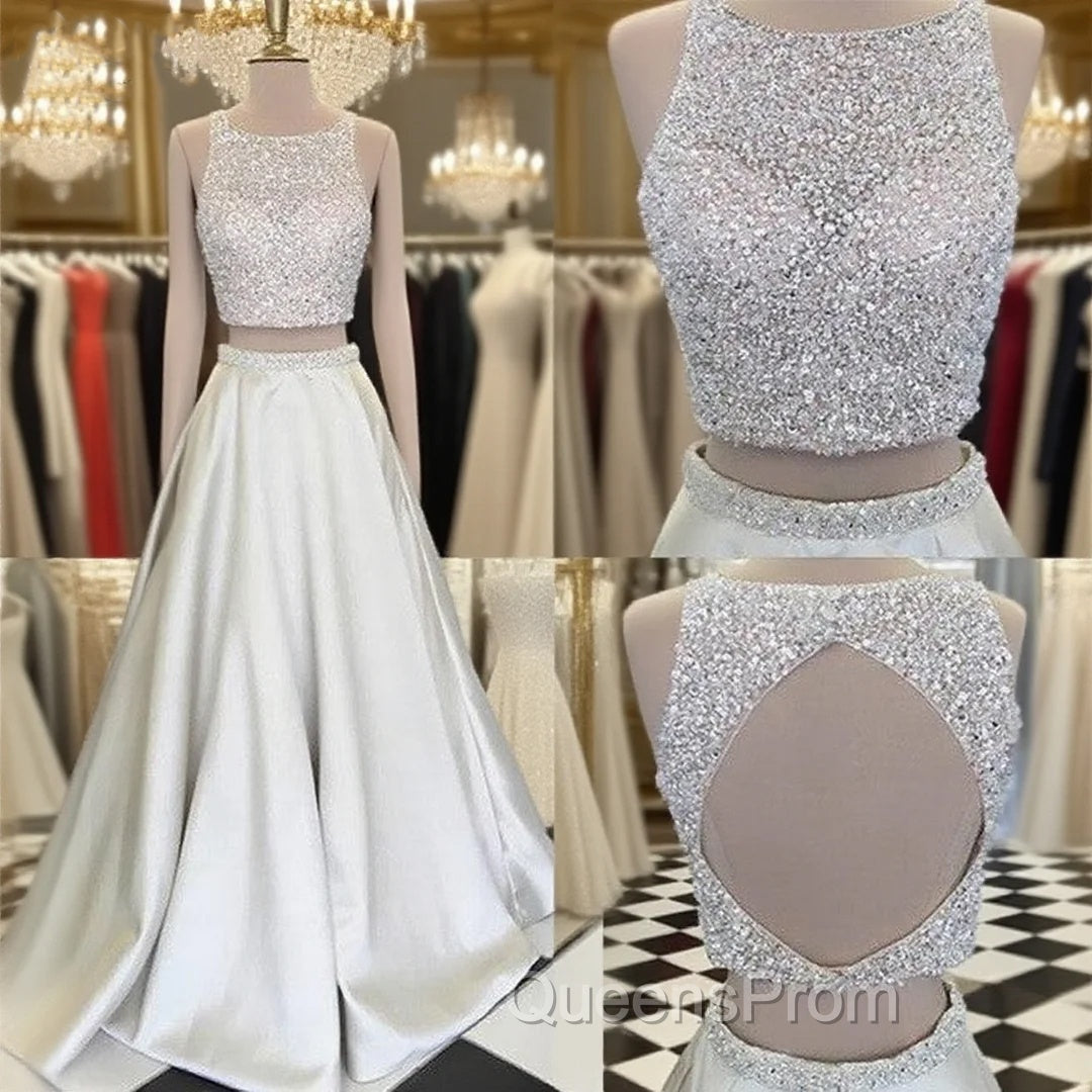 Unique Round Neck Sequin Evening Prom Dress, Two Pieces Long Evening Dress Main image
