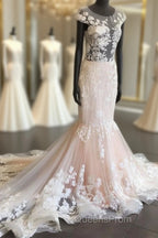 Unique Round Neck Tulle Lace Long Evening Prom Dress, Lace Evening Dress