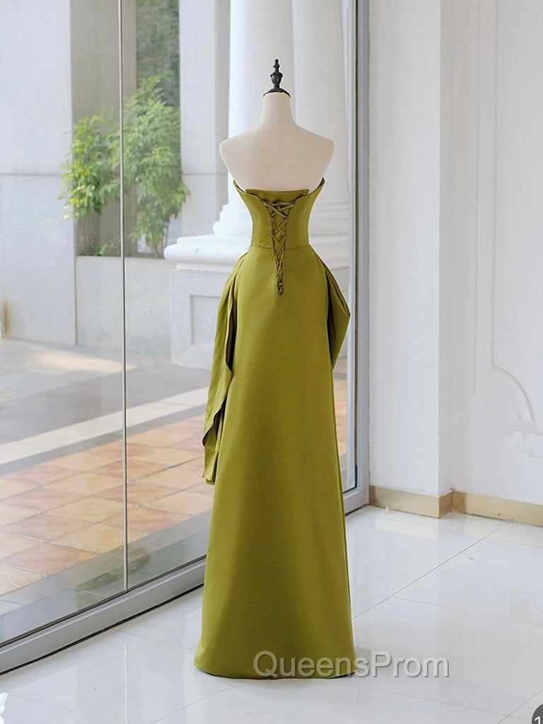 Unique Satin Flower Green Long Evening Prom Dress, Green Long Evening Dress