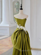 Unique Satin Flower Green Long Evening Prom Dress, Green Long Evening Dress