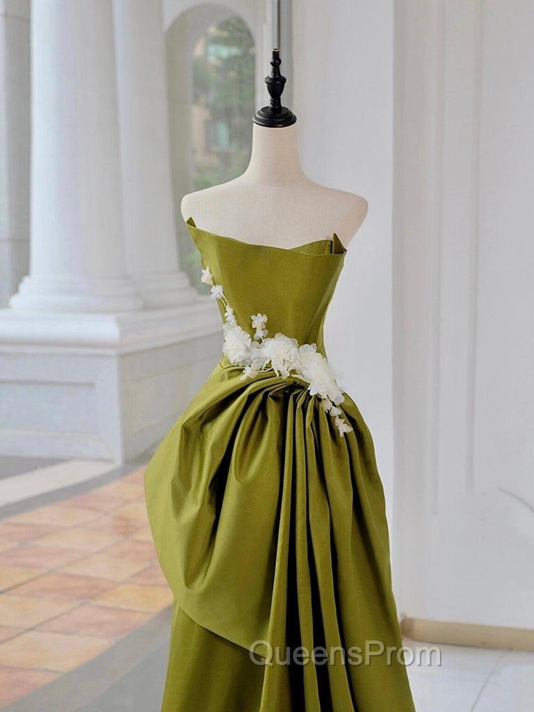 Unique Satin Flower Green Long Evening Prom Dress, Green Long Evening Dress