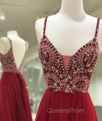 Unique Sequin Beads Burgundy Long Evening Prom Dress, Evening Dress