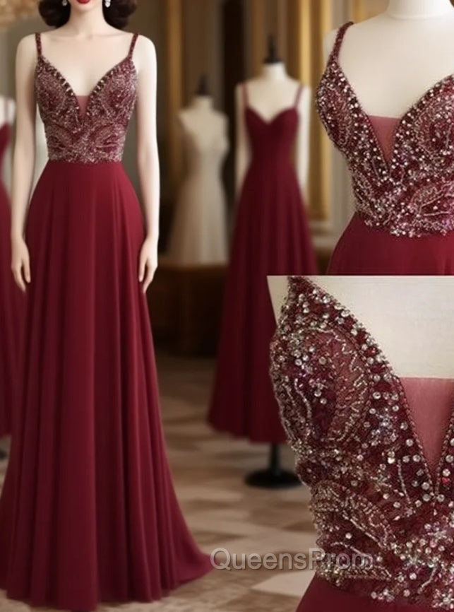 Unique Sequin Beads Burgundy Long Evening Prom Dress, Evening Dress Main image