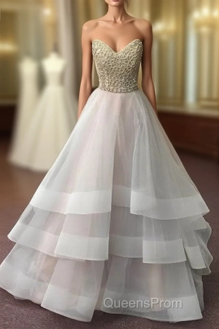 Unique Sequin Gray Tulle Evening Prom Dress, Long Gray Evening Dress Main image
