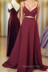 Unique Sexy Two Pieces Long Burgundy Evening Prom Dress, Burgundy Evening Dress