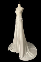 Unique Sheath High Neckline Satin Lace Ivory Wedding Dress