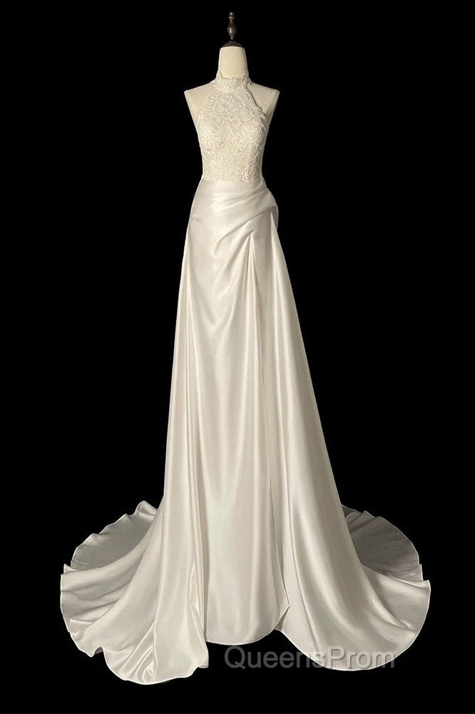 Unique Sheath High Neckline Satin Lace Ivory Wedding Dress