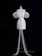 Unique Sheath Off The Shoulder Sequin Short Sleeves White Wedding Dress Brides Dress