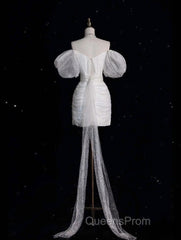 Unique Sheath Off The Shoulder Sequin Short Sleeves White Wedding Dress Brides Dress