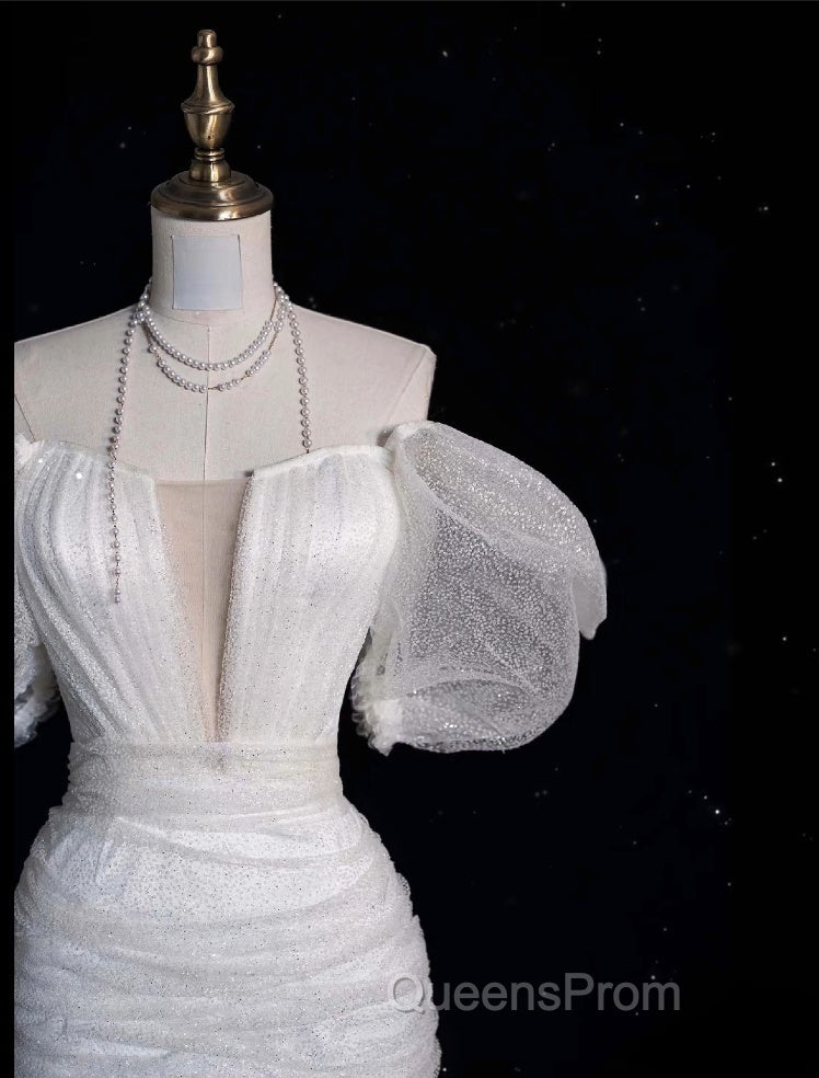 Unique Sheath Off The Shoulder Sequin Short Sleeves White Wedding Dress Brides Dress