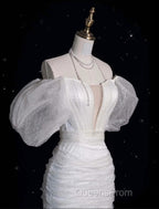 Unique Sheath Off The Shoulder Sequin Short Sleeves White Wedding Dress Brides Dress