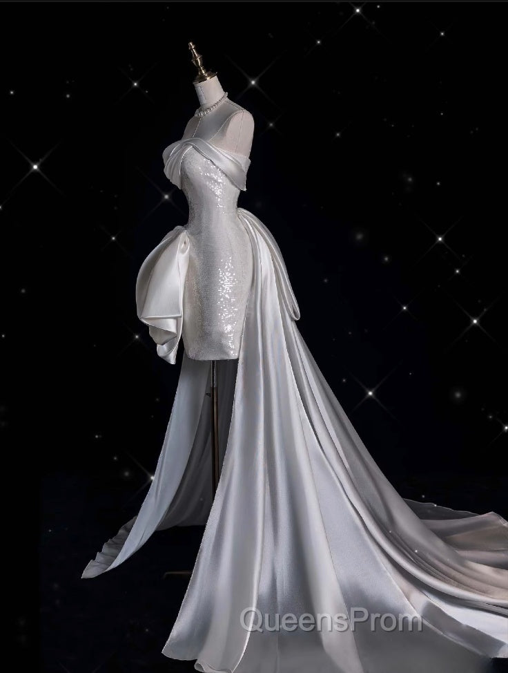 Unique Sheath Strapless Sequin Short White Wedding Dress Brides Dress
