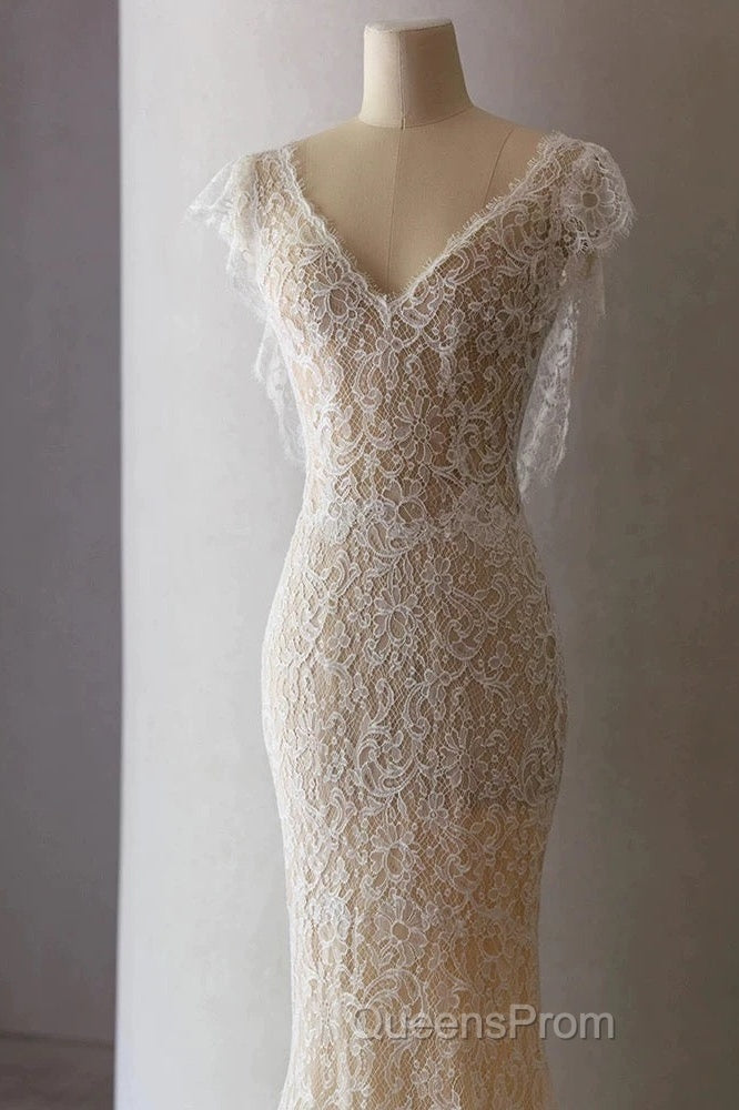 Unique Sheath V Neckline Cap Sleeves Lace Ivory Wedding Dress