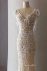 Unique Sheath V Neckline Cap Sleeves Lace Ivory Wedding Dress