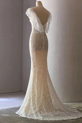Unique Sheath V Neckline Cap Sleeves Lace Ivory Wedding Dress