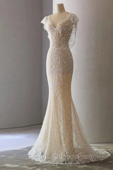 Unique Sheath V Neckline Cap Sleeves Lace Ivory Wedding Dress