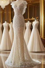 Unique Sheath V Neckline Cap Sleeves Lace Ivory Wedding Dress