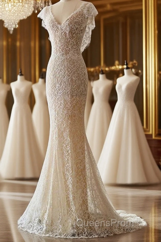 Unique Sheath V Neckline Cap Sleeves Lace Ivory Wedding Dress