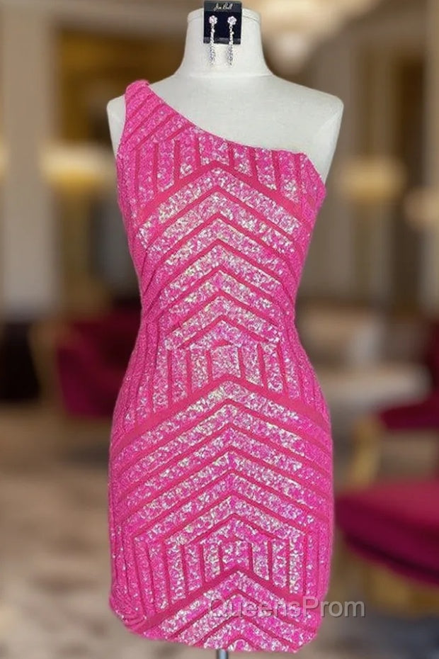 Unique Sleeveless One Shoulder Sequined Pink Homecoming Dress Main image