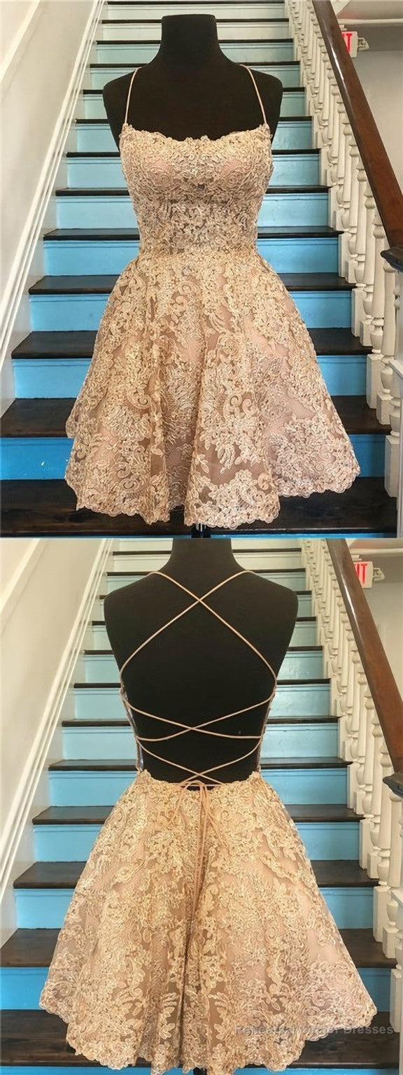 Unique Spaghetti Straps Crisscross Back A-Line Short Homecoming Dresses, Gold Lace Homecoming Dresses Main image