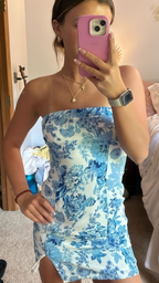 Unique Strapless Blue Satin Print Floral Sheath Short Cocktail Dress Classy Homecoming Dress