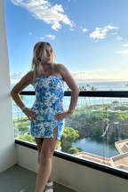 Unique Strapless Blue Satin Print Floral Sheath Short Cocktail Dress Classy Homecoming Dress