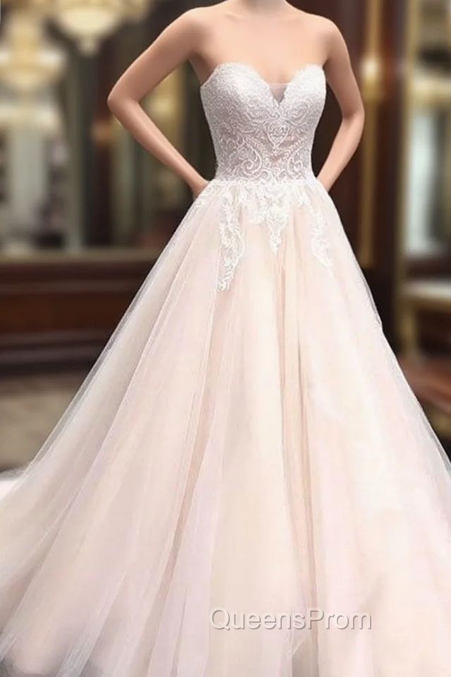 Unique Sweetheart Neck Tulle Lace Applique Long Wedding Dress, Lace Bridal Dress Main image