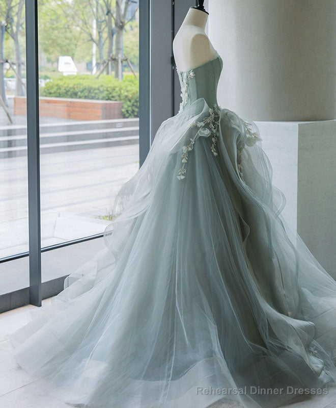 Unique Tulle Lace Gray Green Long Prom Gown, Tulle Lace Evening Dress Main image