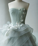 Unique Tulle Lace Gray Green Long Prom Gown, Tulle Lace Evening Dress