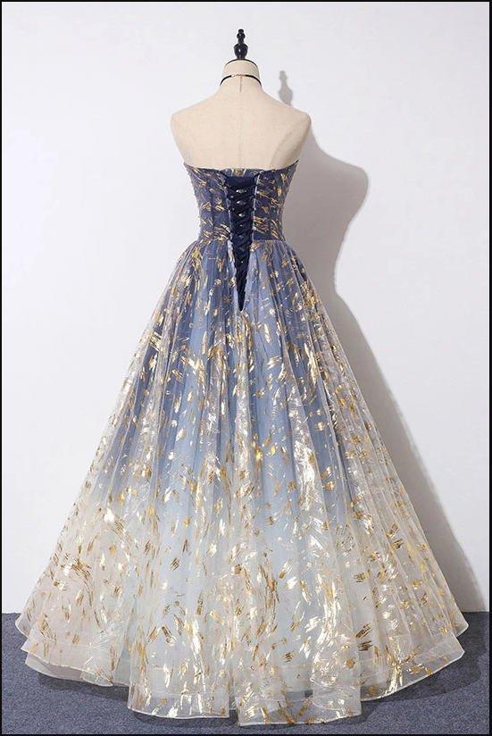 Unique A Line Strapless Blue Ombre Tulle Long Classy Prom Dress Classy Evening Dress