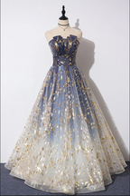 Unique A Line Strapless Blue Ombre Tulle Long Classy Prom Dress Classy Evening Dress