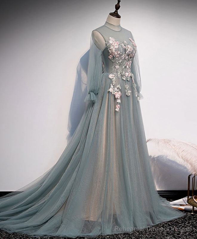 Unique Tulle Lace Long Prom Dress Tulle Lace Formal Dress
