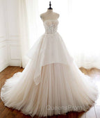 Unique Tulle Lace Long Evening Prom Dress, Tulle Lace Wedding Dress