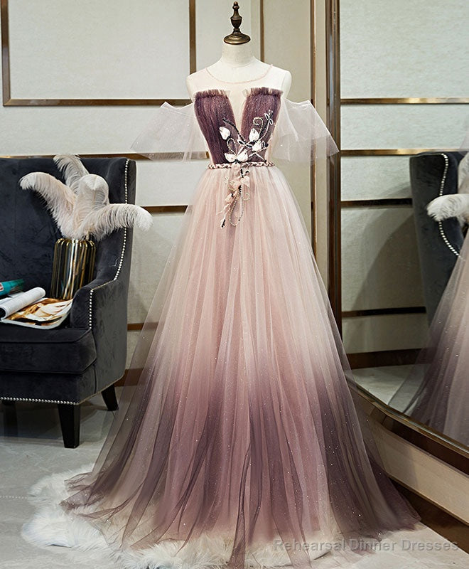 Unique Tulle Round Neck Lace Long Prom Dress Tulle Evening Dress Secondary image