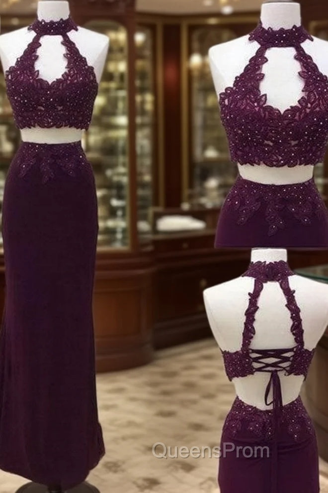 Unique Two Pieces Lace Applique Long Evening Prom Dress, Lace Evening Dress Main image