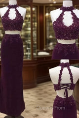 Unique Two Pieces Lace Applique Long Evening Prom Dress, Lace Evening Dress