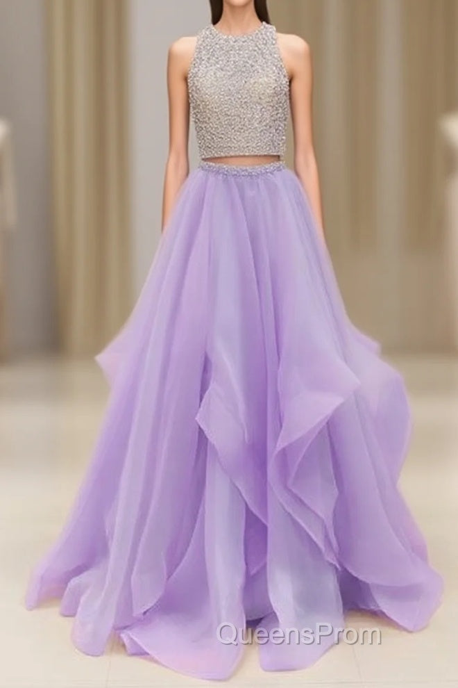 Unique Two Pieces Sequin Purple Long Evening Prom Dress, Purple Evening Dress Main image