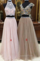 Unique Two Pieces Tulle Long Evening Prom Dress, Unique Evening Dress